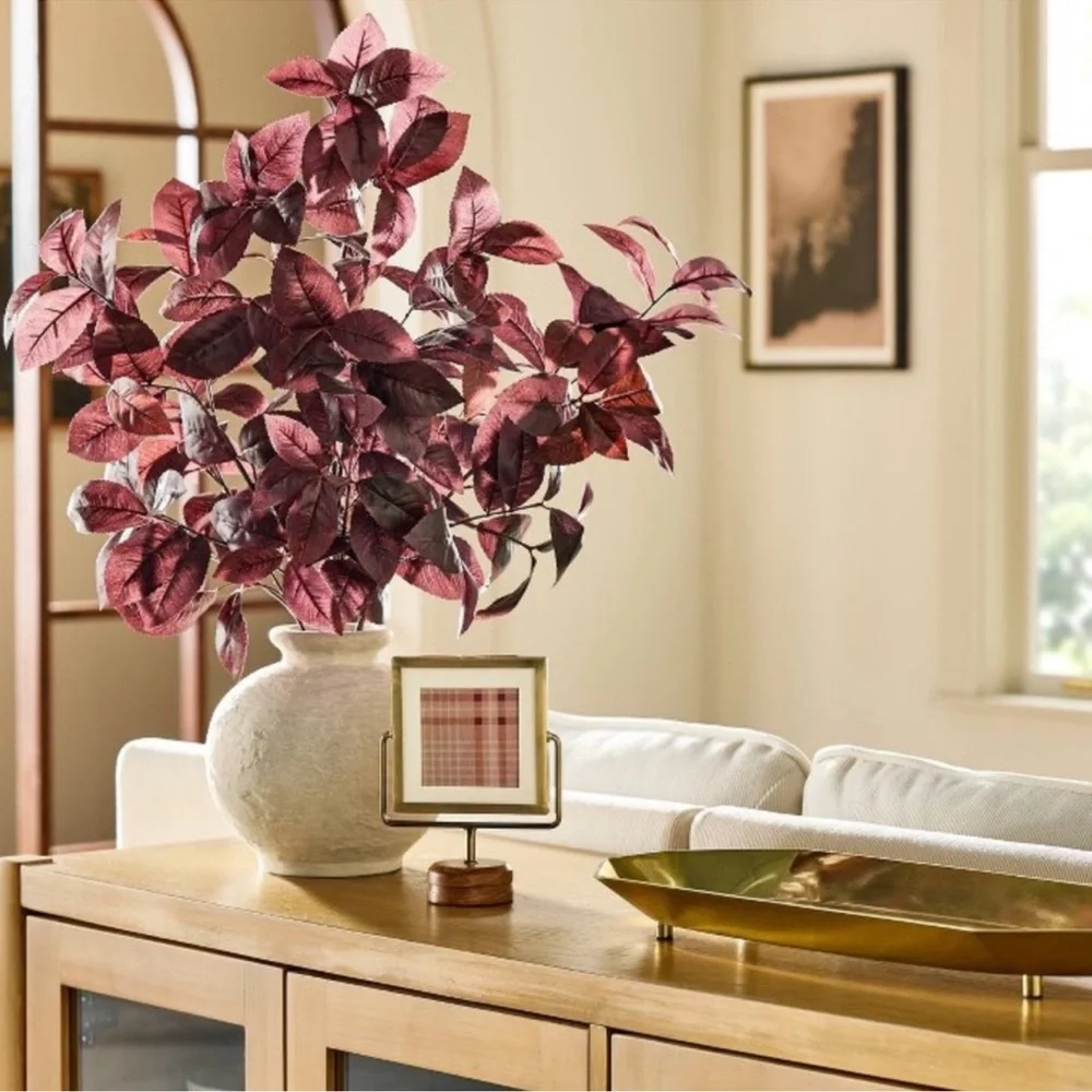 NWT Hearth and Hand Plum Faux Leaf Arrangement in Off white Vase